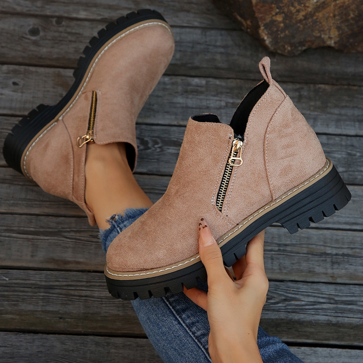 🥾 Promo 50 % – Damenschuhe trendig und komfortabel, runde Spitze mit Zip 🌟