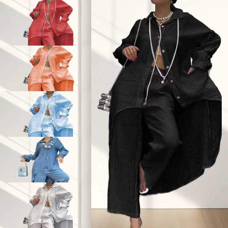 🔥Sommerschlussverkauf🔥Trendiges einfarbiges zweiteiliges Outfit mit langärmeligem Hemd und Hose für Frauen