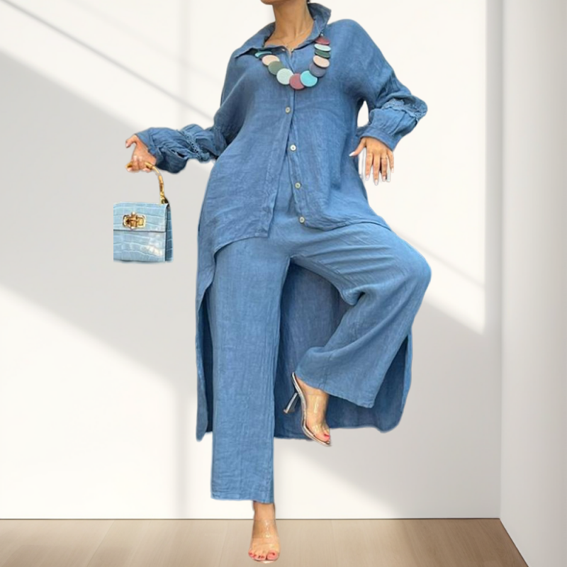 🔥Sommerschlussverkauf🔥Trendiges einfarbiges zweiteiliges Outfit mit langärmeligem Hemd und Hose für Frauen