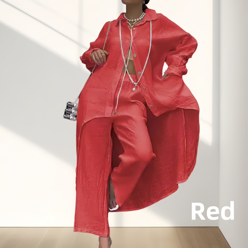 🔥Sommerschlussverkauf🔥Trendiges einfarbiges zweiteiliges Outfit mit langärmeligem Hemd und Hose für Frauen