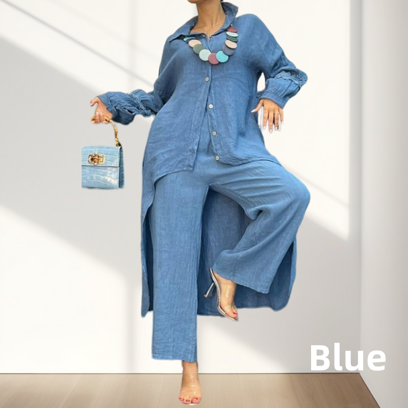 🔥Sommerschlussverkauf🔥Trendiges einfarbiges zweiteiliges Outfit mit langärmeligem Hemd und Hose für Frauen