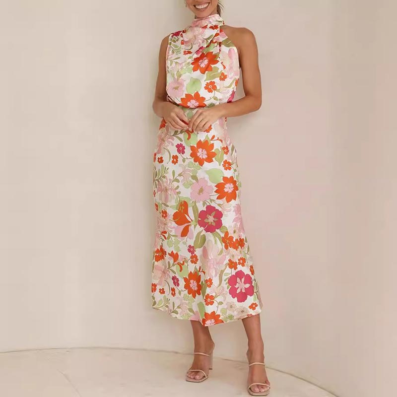 ✨Bis zu 61% RABATT✨Love In The Garden Floral Halter Neck Elastische Taille Maxi Kleid