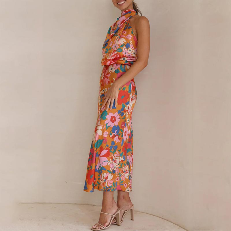 ✨Bis zu 61% RABATT✨Love In The Garden Floral Halter Neck Elastische Taille Maxi Kleid