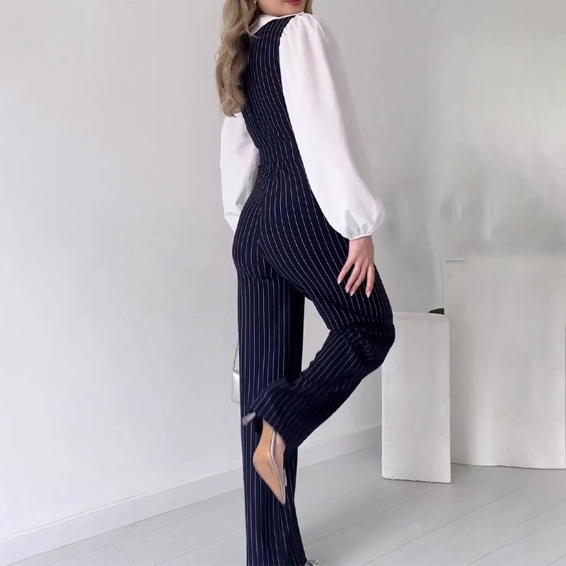 🌸Herbstschlussverkauf🌸Zeitlich begrenzt 44% Rabatt+kostenloser Versand✈️💕Je mehr Sie kaufen, desto höher ist der Rabatt💕Langärmliger Jumpsuit mit gestreiftem Revers für Damen