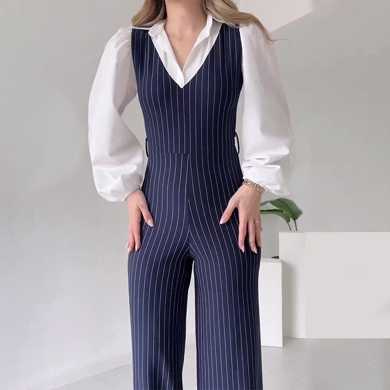 🌸Herbstschlussverkauf🌸Zeitlich begrenzt 44% Rabatt+kostenloser Versand✈️💕Je mehr Sie kaufen, desto höher ist der Rabatt💕Langärmliger Jumpsuit mit gestreiftem Revers für Damen