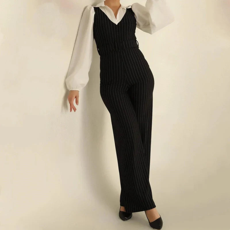 🌸Herbstschlussverkauf🌸Zeitlich begrenzt 44% Rabatt+kostenloser Versand✈️💕Je mehr Sie kaufen, desto höher ist der Rabatt💕Langärmliger Jumpsuit mit gestreiftem Revers für Damen
