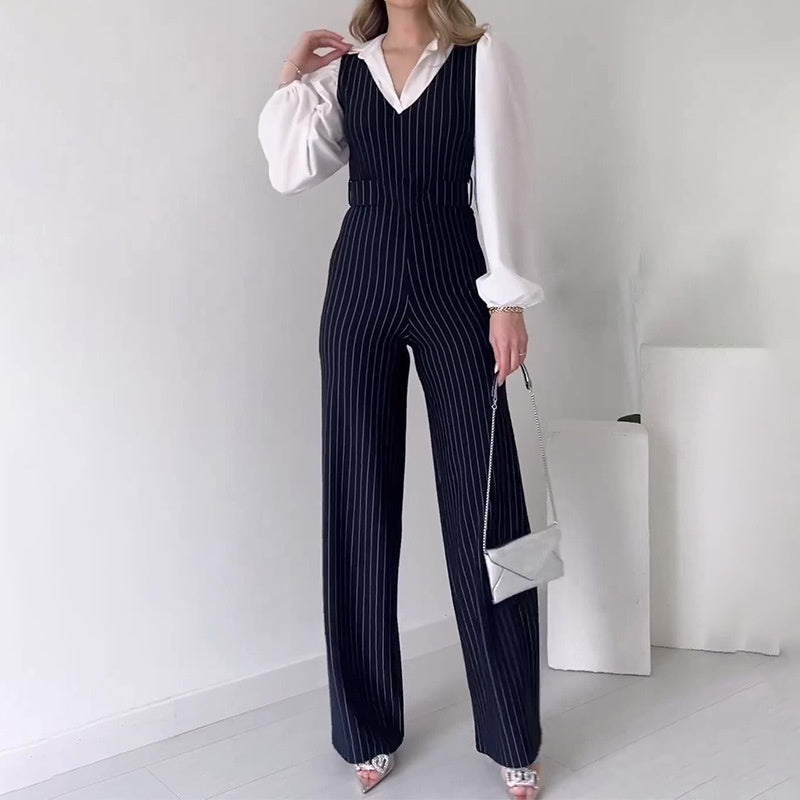 🌸Herbstschlussverkauf🌸Zeitlich begrenzt 44% Rabatt+kostenloser Versand✈️💕Je mehr Sie kaufen, desto höher ist der Rabatt💕Langärmliger Jumpsuit mit gestreiftem Revers für Damen