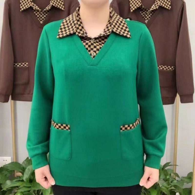 Women's Trendy Casual Long Sleeve Top with Checkered Collar