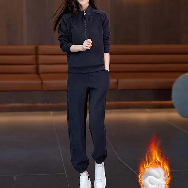 Damen lässiges 2-teiliges Set: Sweatshirt mit halbem Reißverschluss und Hose