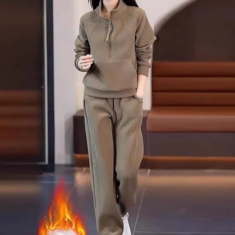 Damen lässiges 2-teiliges Set: Sweatshirt mit halbem Reißverschluss und Hose