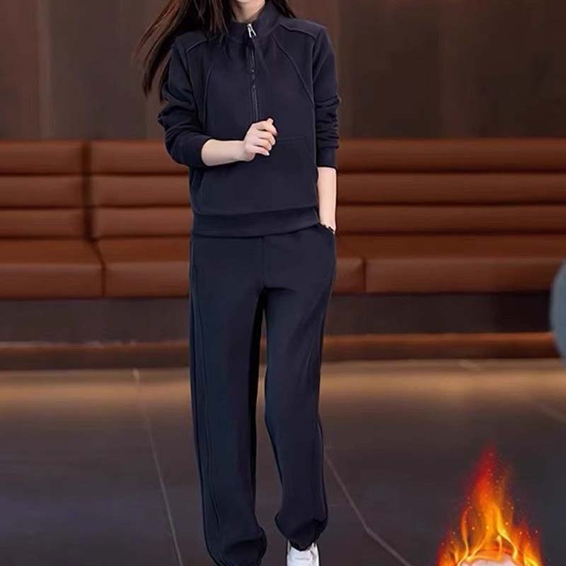 Damen lässiges 2-teiliges Set: Sweatshirt mit halbem Reißverschluss und Hose