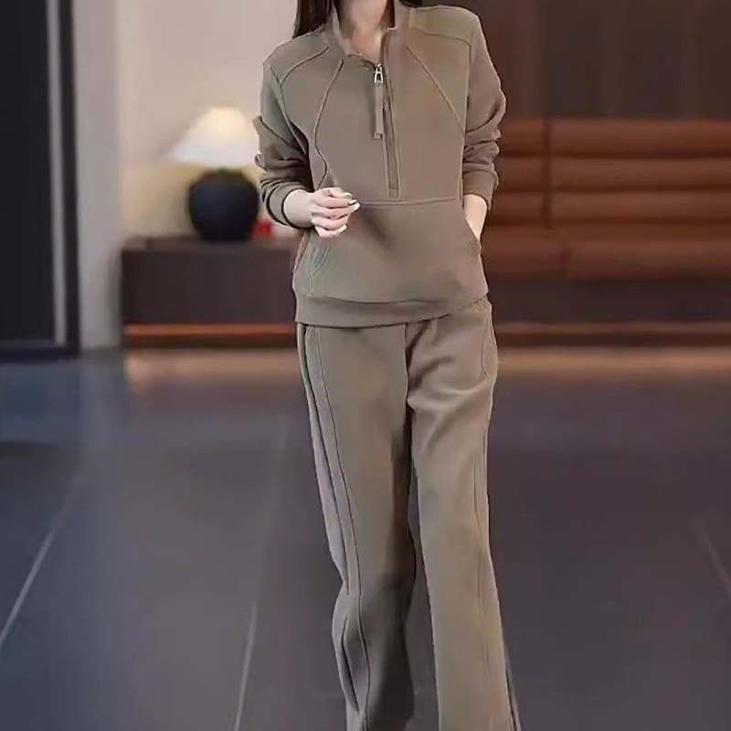 Damen lässiges 2-teiliges Set: Sweatshirt mit halbem Reißverschluss und Hose