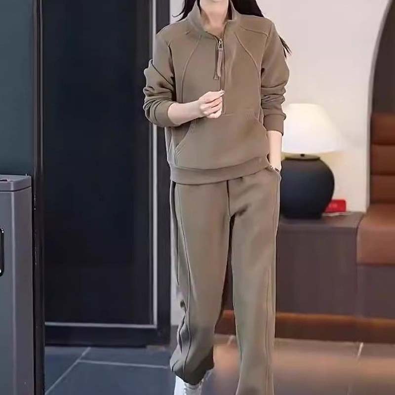 Damen lässiges 2-teiliges Set: Sweatshirt mit halbem Reißverschluss und Hose