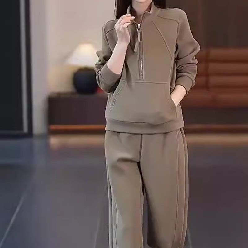 Damen lässiges 2-teiliges Set: Sweatshirt mit halbem Reißverschluss und Hose