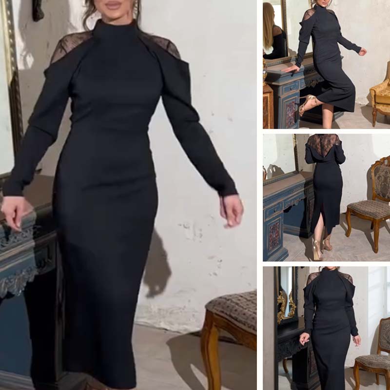 💃2025 Neues Design👗Damen elegantes Midikleid mit Stehkragen und Spitzen-Detail am Rücken✨Letzter Tag des Halbpreisverkaufs❤️🔥