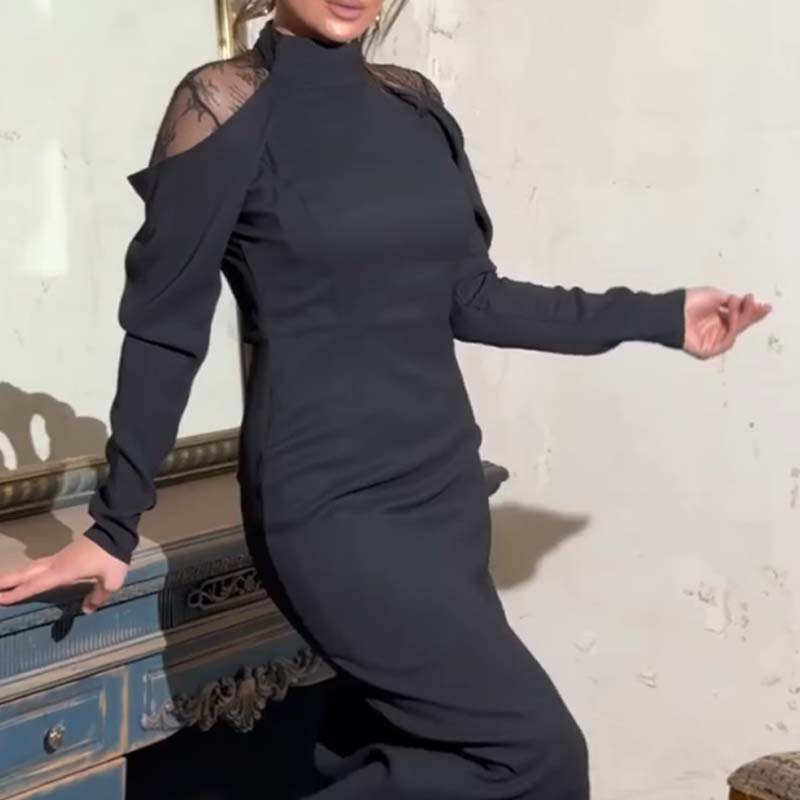 💃2025 Neues Design👗Damen elegantes Midikleid mit Stehkragen und Spitzen-Detail am Rücken✨Letzter Tag des Halbpreisverkaufs❤️🔥