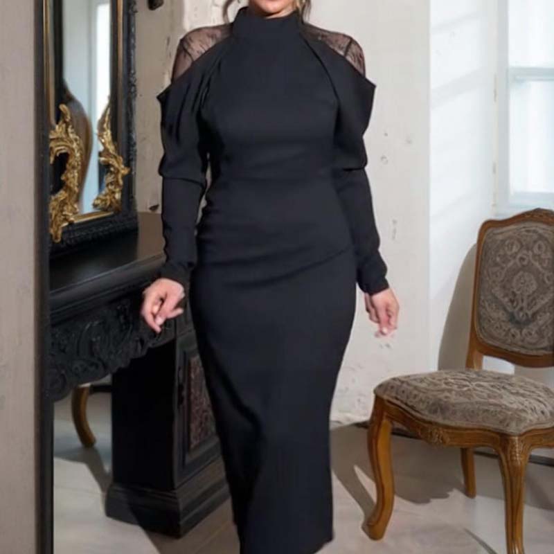 💃2025 Neues Design👗Damen elegantes Midikleid mit Stehkragen und Spitzen-Detail am Rücken✨Letzter Tag des Halbpreisverkaufs❤️🔥