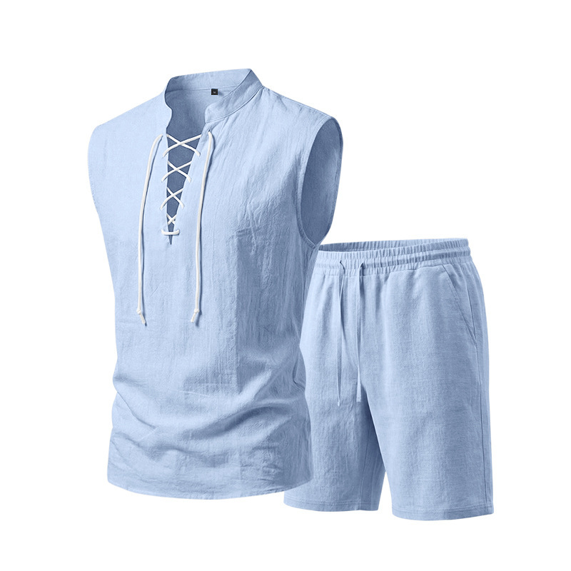 ⏳ 50% RABATT! Herren Leinen-Set: Ärmelloses Oberteil & Shorts mit Schnürung – Atmungsaktiv & stylisch für den Sommer 🌿👕