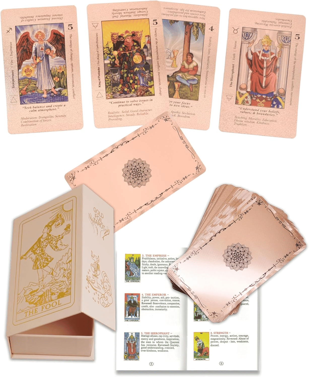 Witchy Cauldron Roségold-Tarotkarten mit Begleitbuch Wasserdichtes, knitterfreies Folien-Tarotkartenspiel für Anfänger Enthält Chakren, Planeten, Sternzeichen, Elemente und Affirmationen