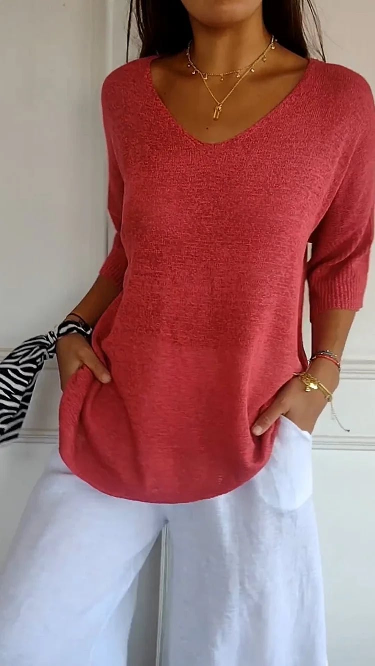 🌸 60% RABATT! 🧶 Unifarbenes Gestricktes Top mit V-Ausschnitt – Frühjahrsverkauf – Weich & Bequem, Zeitloser Look & Vielseitig Kombinierbar 👚