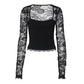 ✨🖤Einfarbiges Damen-T-Shirt mit Spitzenblumenmuster, gesplitteten Rüschen und transparenten Ärmeln