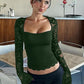 ✨🖤Einfarbiges Damen-T-Shirt mit Spitzenblumenmuster, gesplitteten Rüschen und transparenten Ärmeln