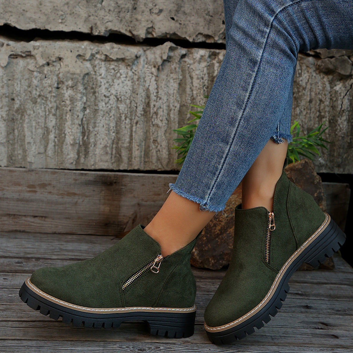 🥾 Promo 50 % – Damenschuhe trendig und komfortabel, runde Spitze mit Zip 🌟