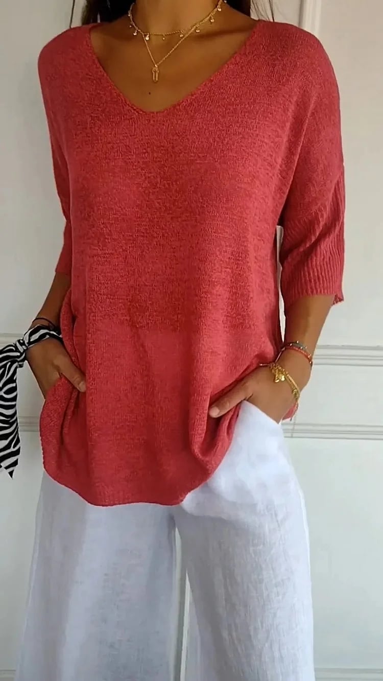 🌸 60% RABATT! 🧶 Unifarbenes Gestricktes Top mit V-Ausschnitt – Frühjahrsverkauf – Weich & Bequem, Zeitloser Look & Vielseitig Kombinierbar 👚