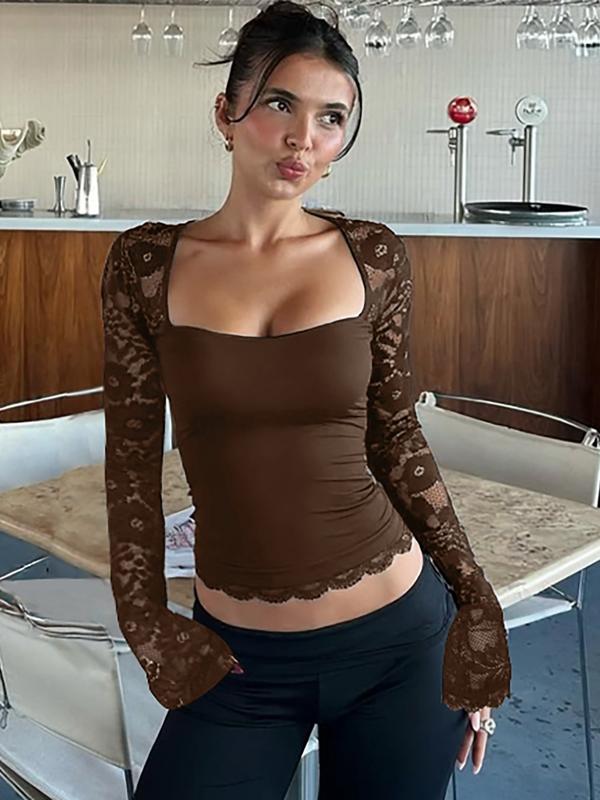 ✨🖤Einfarbiges Damen-T-Shirt mit Spitzenblumenmuster, gesplitteten Rüschen und transparenten Ärmeln
