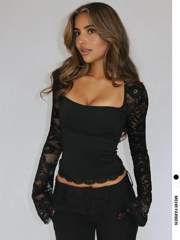 ✨🖤Einfarbiges Damen-T-Shirt mit Spitzenblumenmuster, gesplitteten Rüschen und transparenten Ärmeln