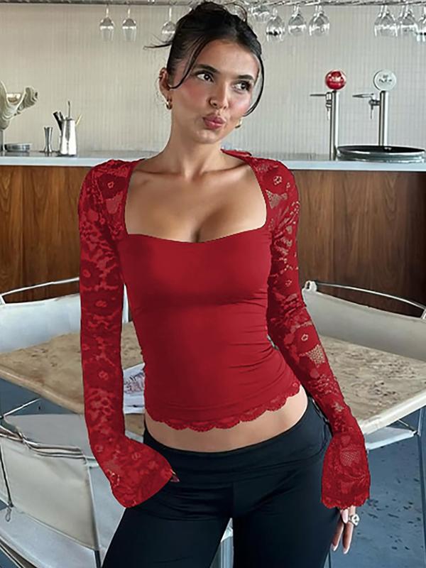 ✨🖤Einfarbiges Damen-T-Shirt mit Spitzenblumenmuster, gesplitteten Rüschen und transparenten Ärmeln