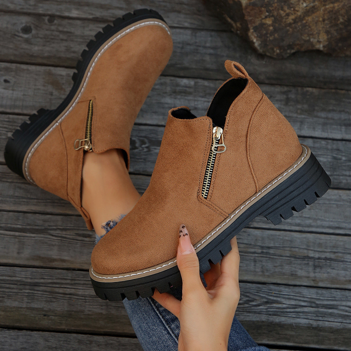 🥾 Promo 50 % – Damenschuhe trendig und komfortabel, runde Spitze mit Zip 🌟