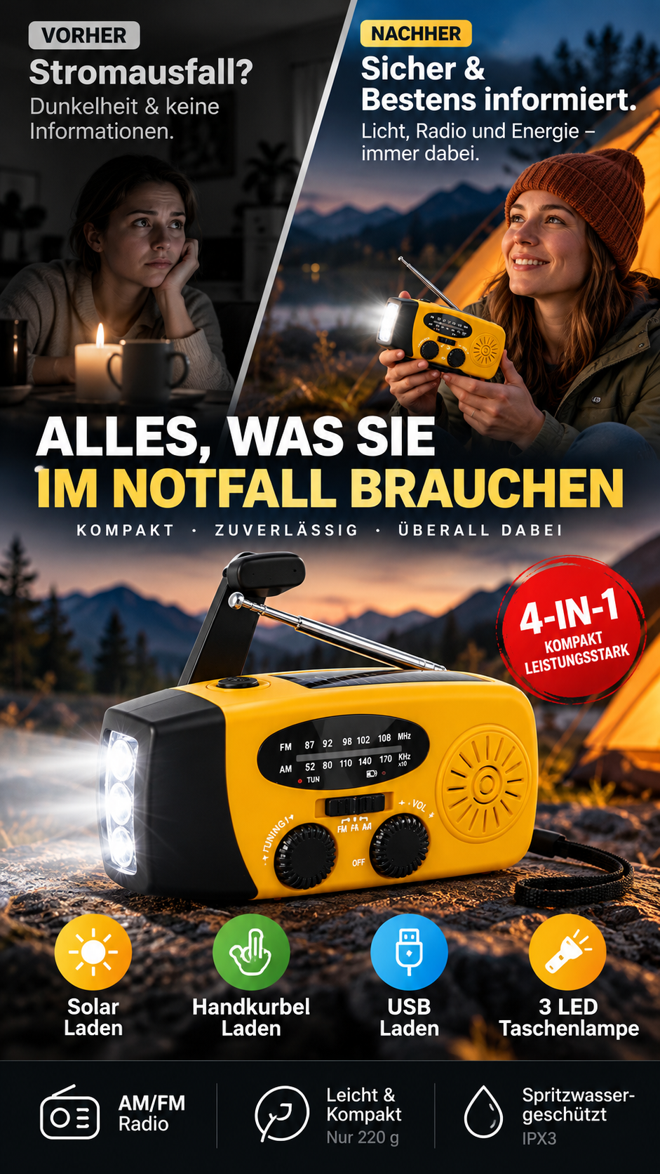 Solar-Kurbelradio für Notfall & Outdoor – Nie ohne Strom und Empfang! 🔦 Solar & Handkurbel, helle LED-Taschenlampe, USB-Notladung 🔋
