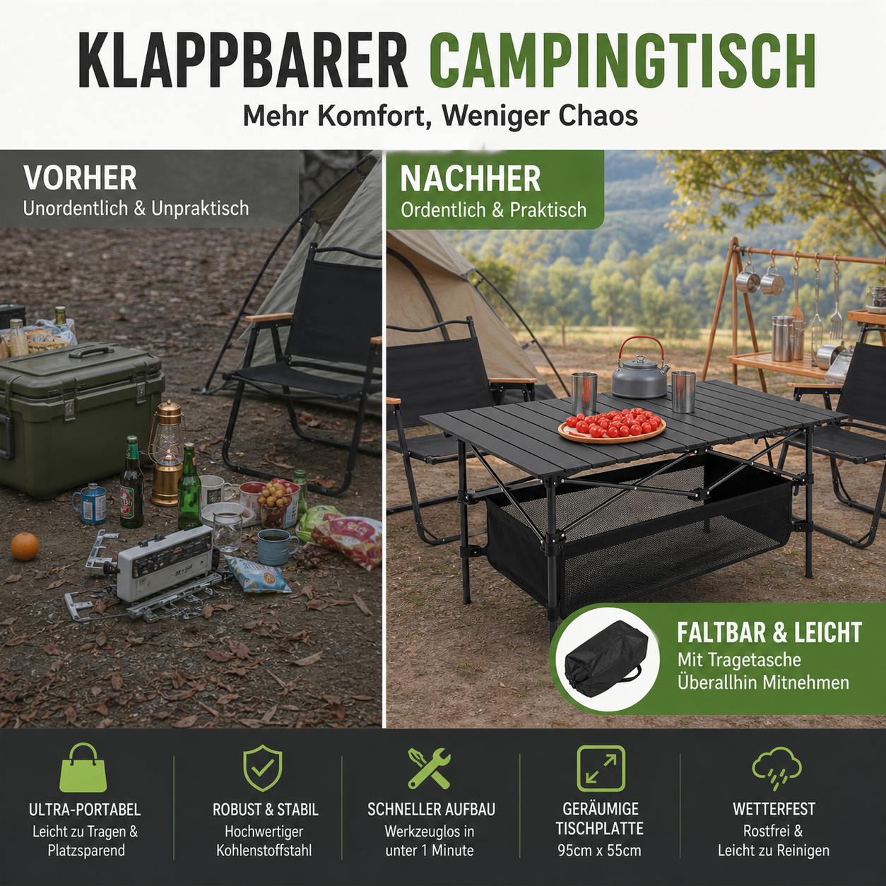 🏕️ 60% RABATT! 🪑 Tragbarer Campingtisch – Klappbar, stabil & schnell aufgebaut – Ideal für Camping, Picknick & Strand ☀️