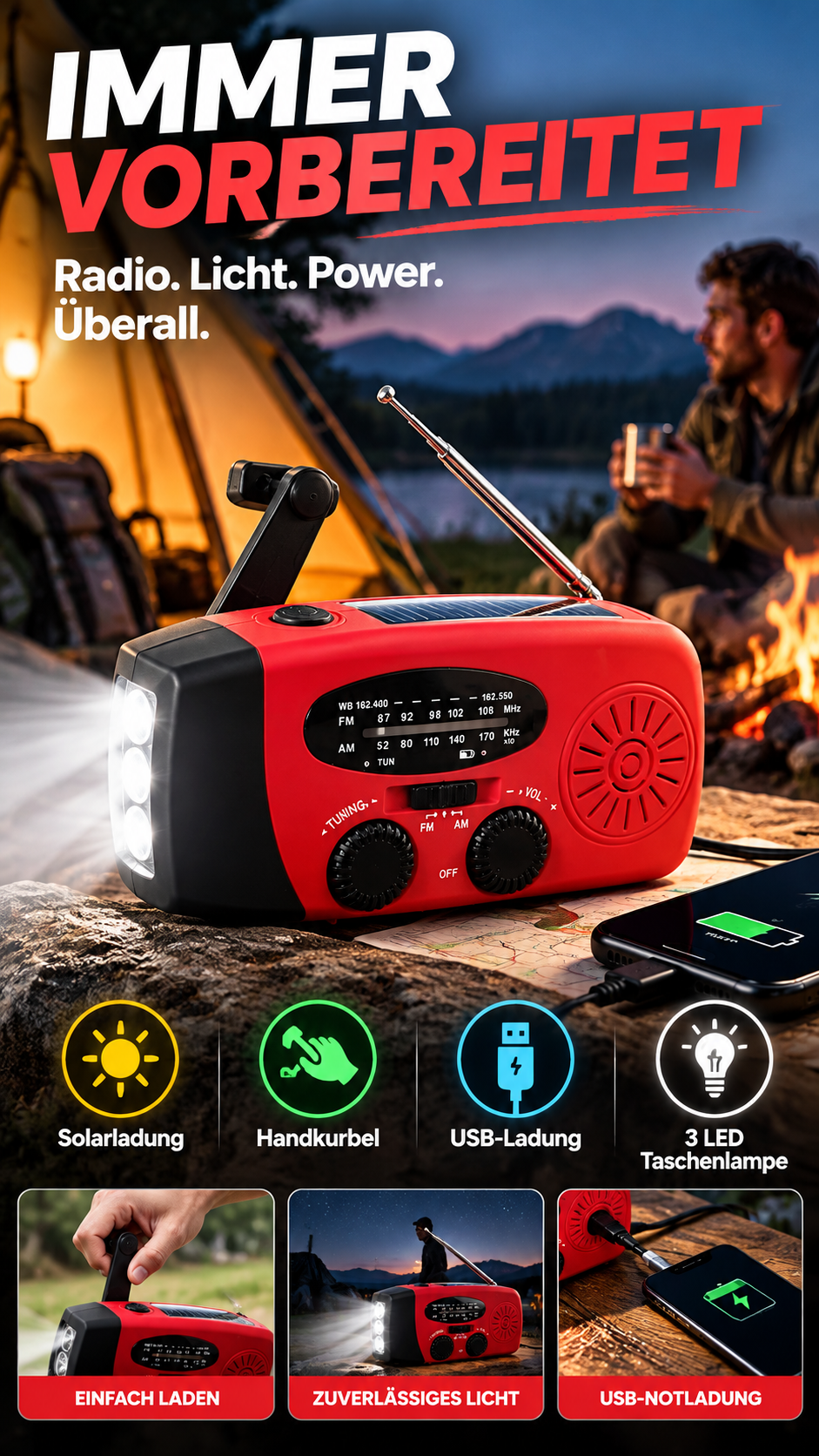Solar-Kurbelradio für Notfall & Outdoor – Nie ohne Strom und Empfang! 🔦 Solar & Handkurbel, helle LED-Taschenlampe, USB-Notladung 🔋