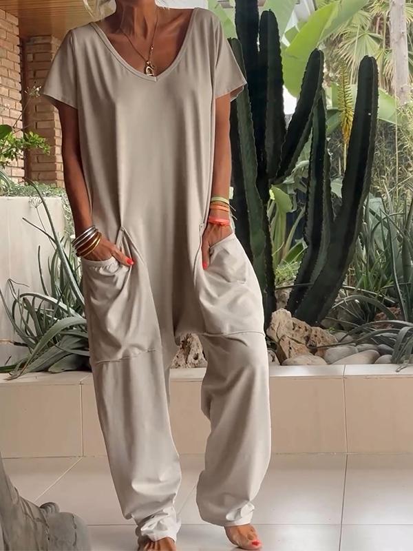 🔥50% RABATT🔥 Lässiger einfarbiger Jumpsuit mit V-Ausschnitt