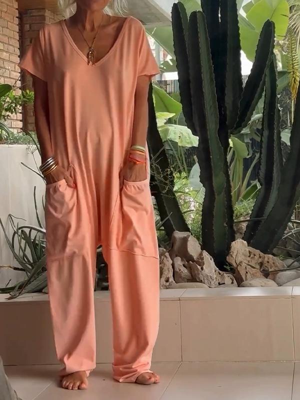 🔥50% RABATT🔥 Lässiger einfarbiger Jumpsuit mit V-Ausschnitt