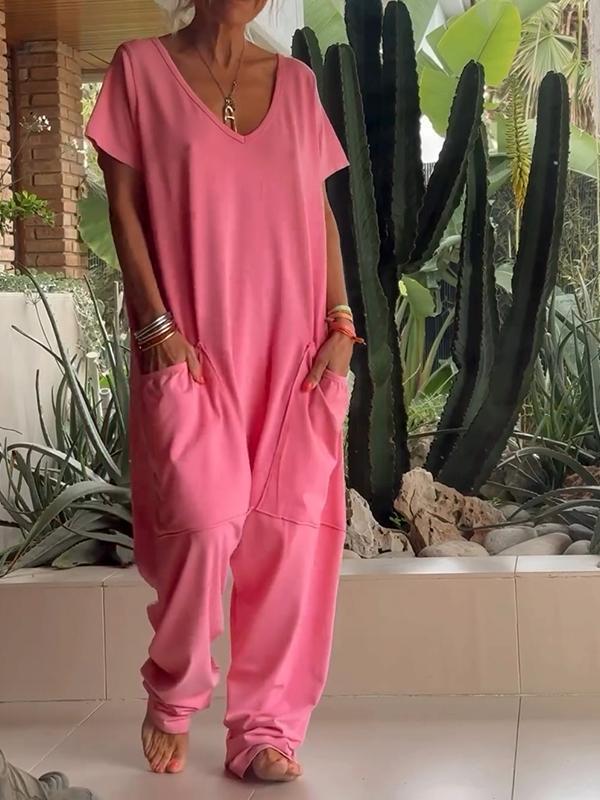 🔥50% RABATT🔥 Lässiger einfarbiger Jumpsuit mit V-Ausschnitt