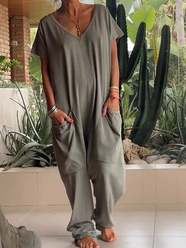🔥50% RABATT🔥 Lässiger einfarbiger Jumpsuit mit V-Ausschnitt