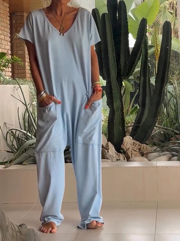 🔥50% RABATT🔥 Lässiger einfarbiger Jumpsuit mit V-Ausschnitt