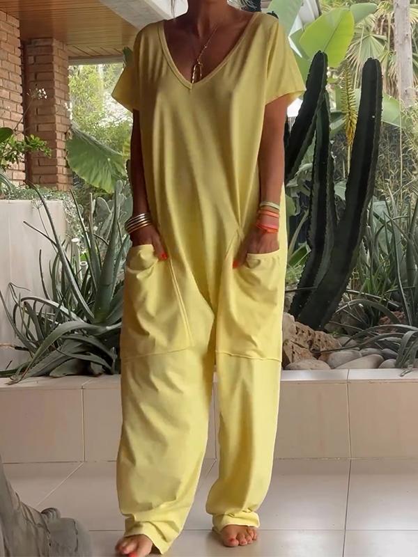 🔥50% RABATT🔥 Lässiger einfarbiger Jumpsuit mit V-Ausschnitt