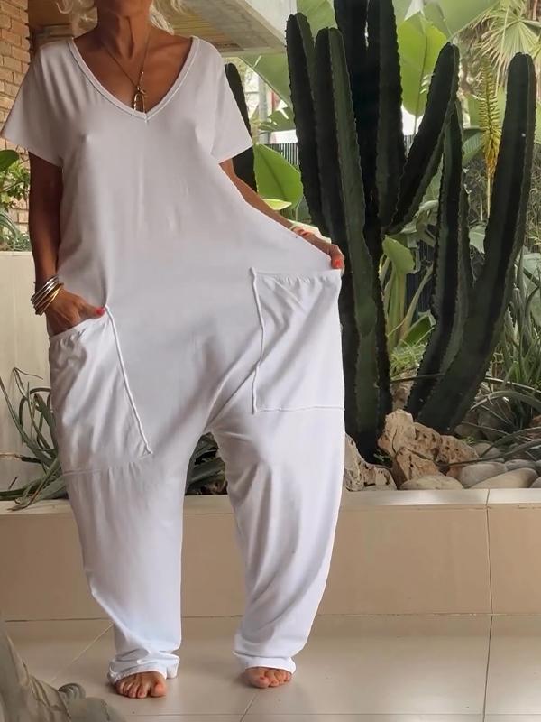 🔥50% RABATT🔥 Lässiger einfarbiger Jumpsuit mit V-Ausschnitt