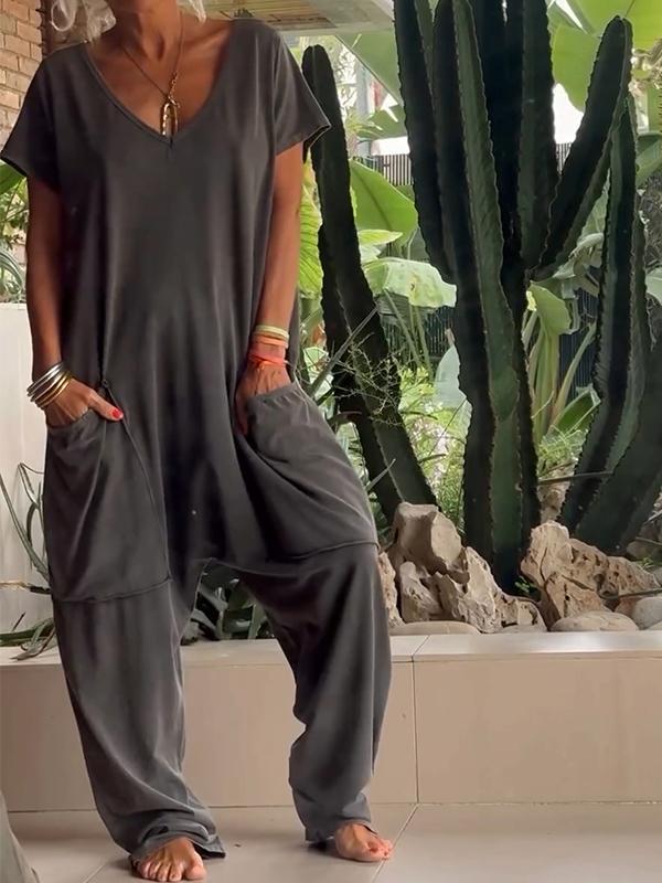 🔥50% RABATT🔥 Lässiger einfarbiger Jumpsuit mit V-Ausschnitt