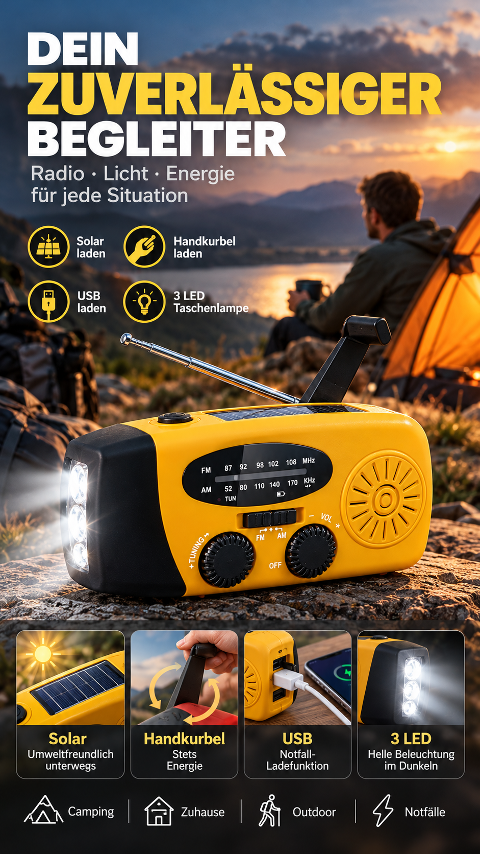 Solar-Kurbelradio für Notfall & Outdoor – Nie ohne Strom und Empfang! 🔦 Solar & Handkurbel, helle LED-Taschenlampe, USB-Notladung 🔋