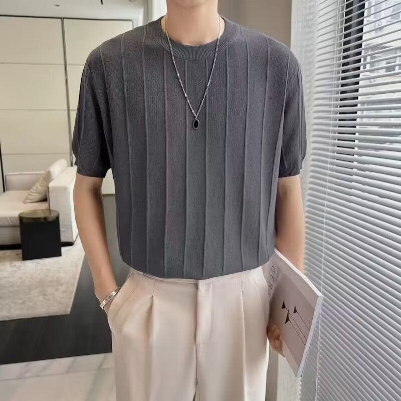 Männer-Strickpullover mit Rundhals, kurzen Ärmeln und Twist-Muster