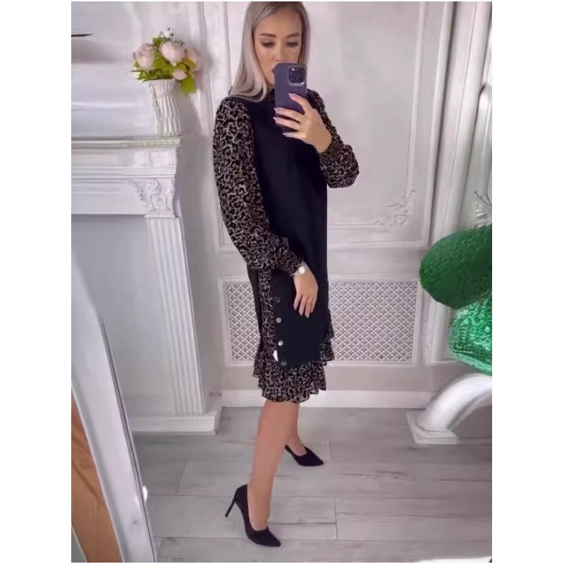 ✨Heiße Neuankömmlinge🛍️Leopard Color Blocking Mock Neck Knielanges Kleid