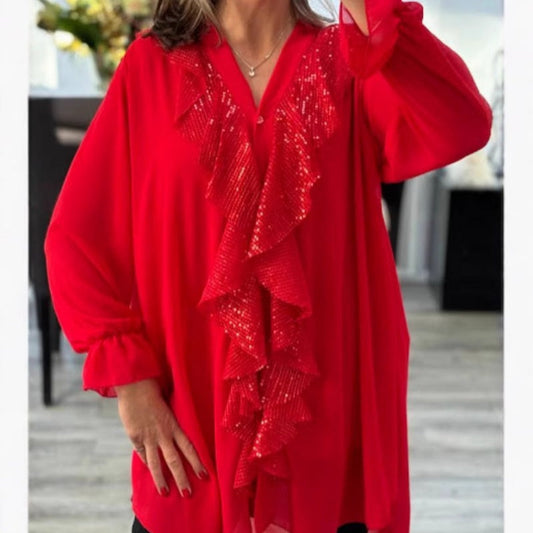 🔥💃Langärmliges Chiffon-Shirt mit V-Ausschnitt und Pailletten für Damen
