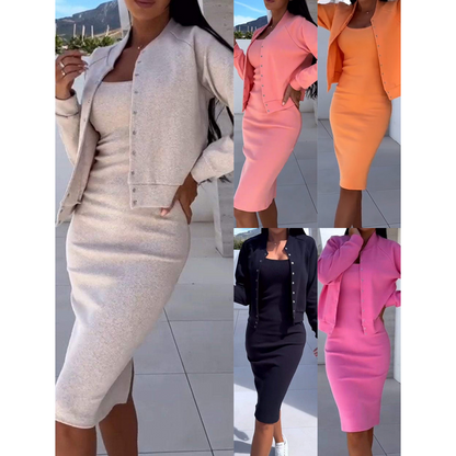 💎 52% RABATT – NUR FÜR KURZE ZEIT! 💎 Set aus figurbetontem Spaghettiträger-Kleid & Kurzjacke – 5 Farben, S–3XL, Stretch-Glamour ohne Kompromisse 🌸👗
