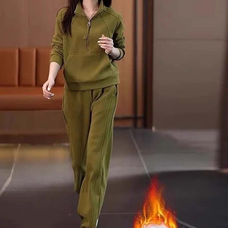 Damen lässiges 2-teiliges Set: Sweatshirt mit halbem Reißverschluss und Hose