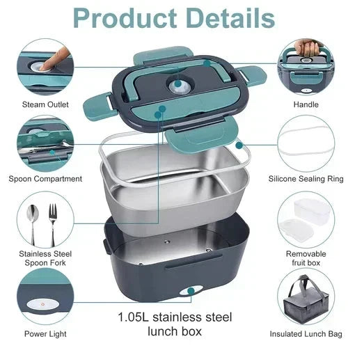 Tragbare Heiz-Lunchbox mit Edelstahl-Einsatz – Trockene Erwärmung, 12V/220V & doppelte Spannung – Ideal für Auto, Büro & Reisen ⚡